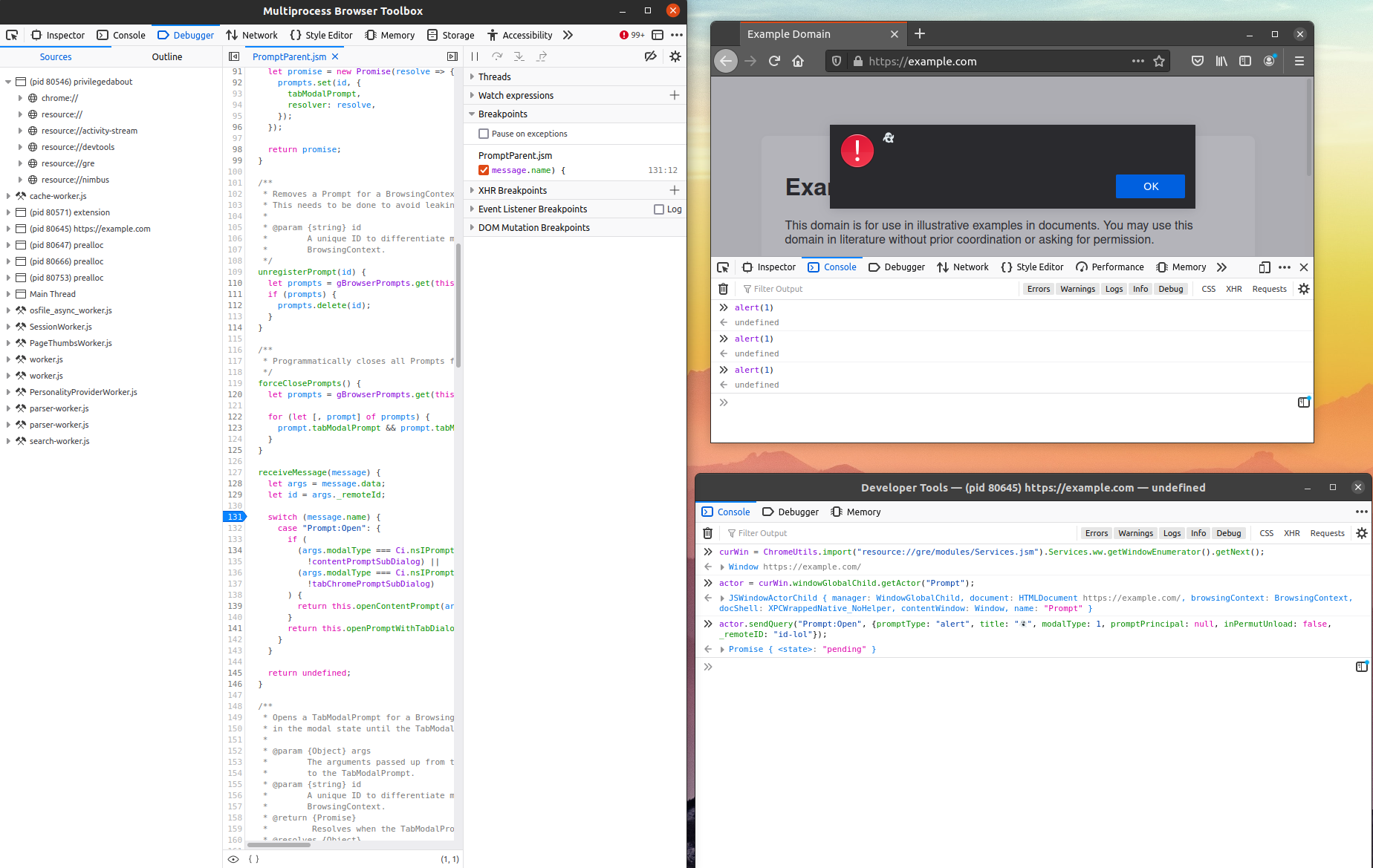 Invoking JavaScript IPC from Firefox Developer Tools (bottom right) and observing the effects (top right)